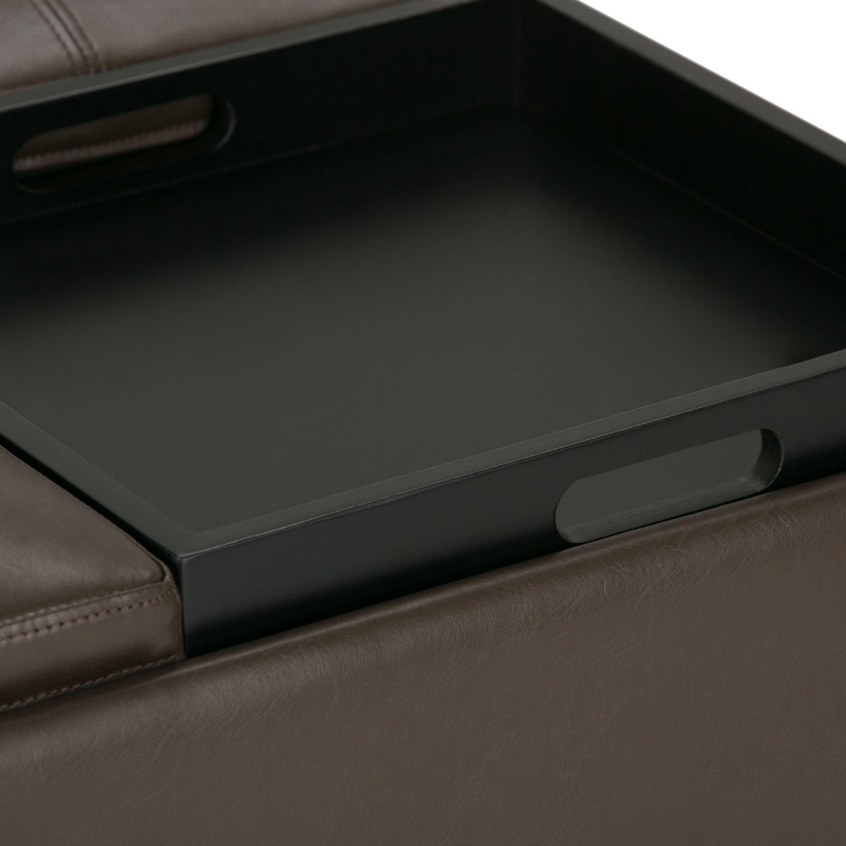 Avalon Ottoman Coffee Table With Trays, brown leather and black frame storage ottoman on Tampa Home & Garden Store