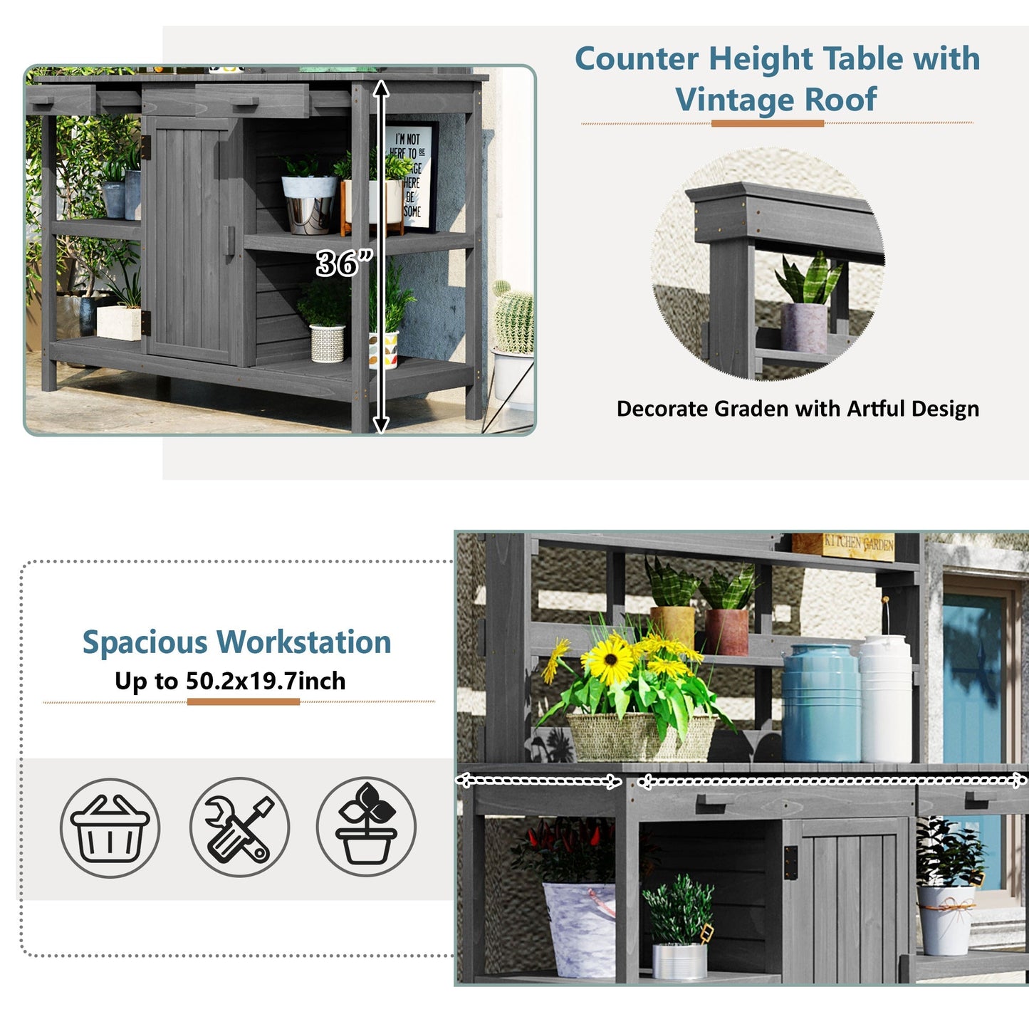 Topmax 66in outdoor farmhouse wooden potting bench with cabinet HouseOfZazla on Tampa Home & Garden Store