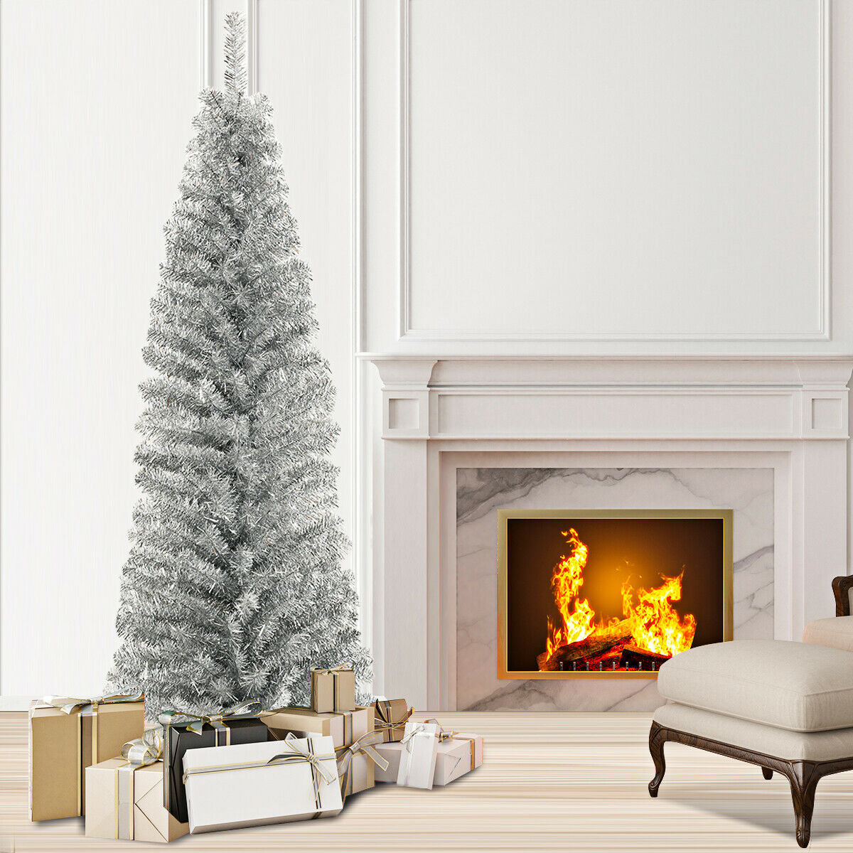 6 ft DirectDeals tinsel slim pencil Christmas tree, unlit, silver on Tampa Home & Garden Store