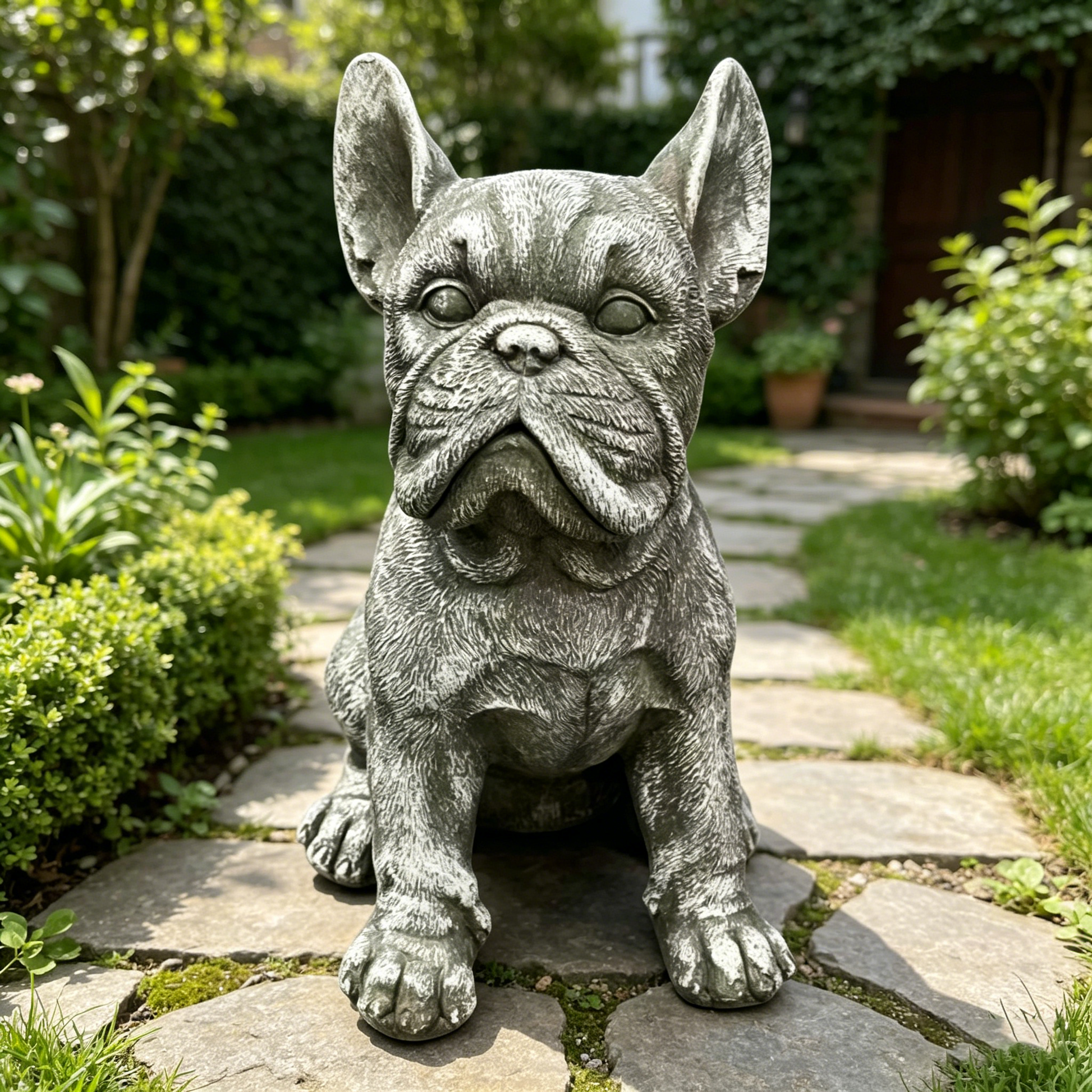 16-inch outdoor weatherproof French Bulldog statue gray stone-look finish by HouseOfZazla on Tampa Home & Garden Store