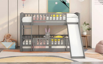 Low Bunk Bed With Slide Fence and Ladder