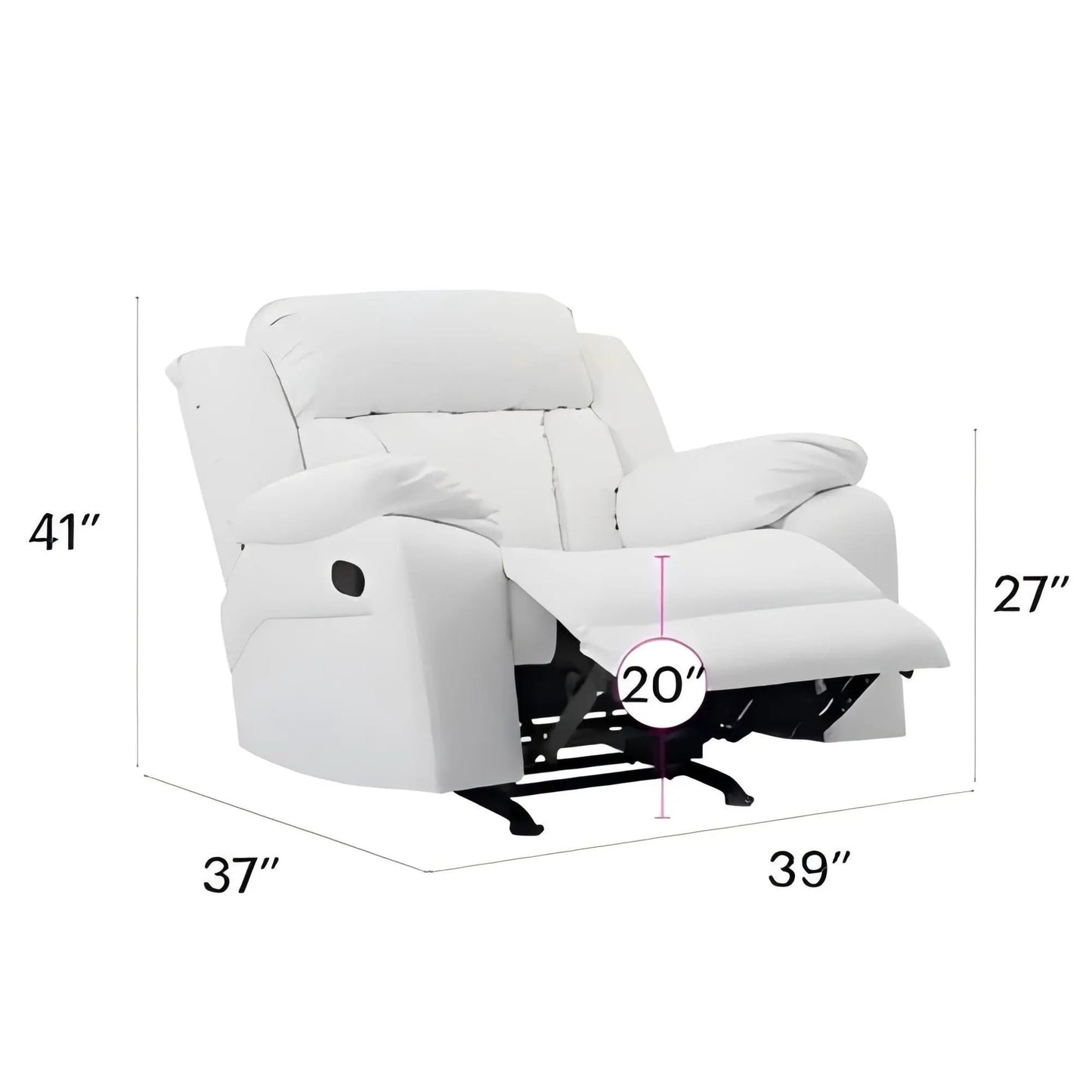 Comfortable Rocking Motion Recliner, white upholstered with padded armrests on Tampa Home & Garden Store