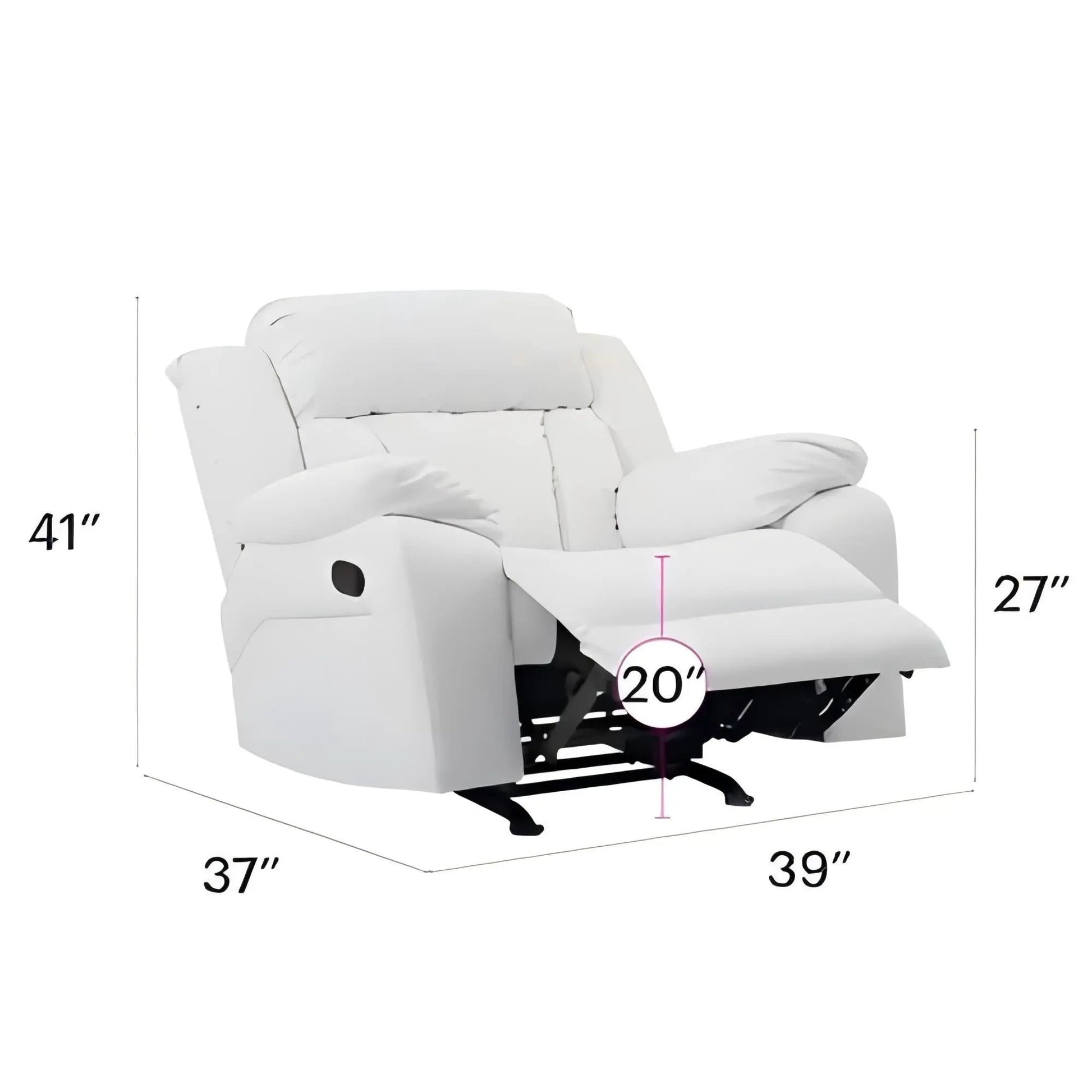 Comfortable Rocking Motion Recliner, white upholstered with padded armrests on Tampa Home & Garden Store