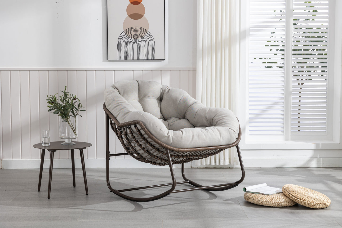 Outdoor Rattan Rocking Chair with Padded Light Gray Cushion, woven wicker frame on Tampa Home & Garden Store