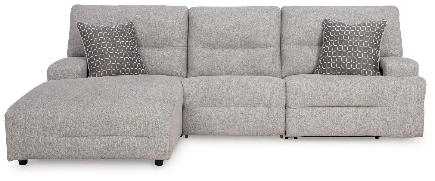 Acklen Place reclining sectional by Unique Piece Furniture in gray fabric with 2 pillows on Tampa Home & Garden Store
