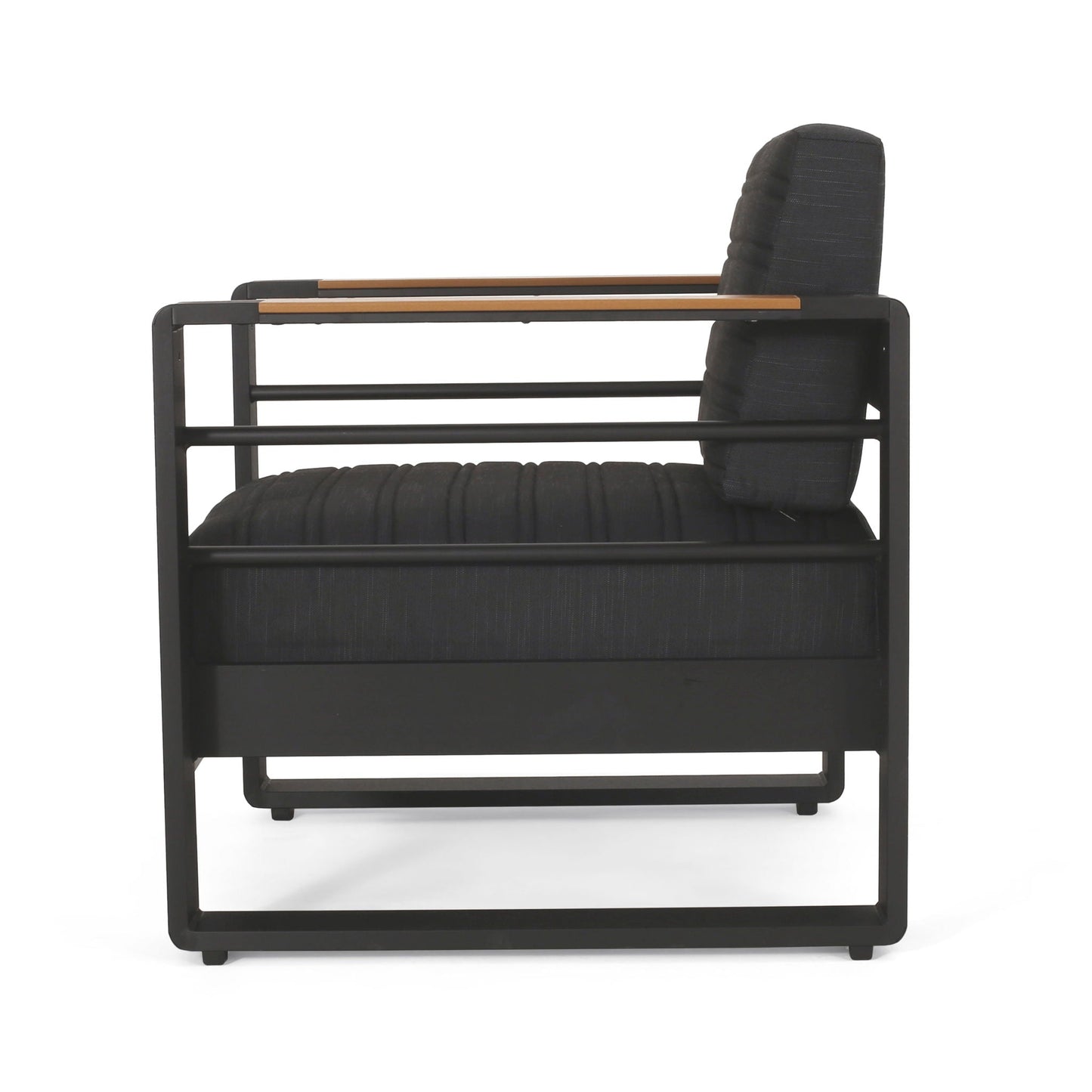 Giovanna Club Chair outdoor aluminum-frame with black cushion and wood arm caps on Tampa Home & Garden Store
