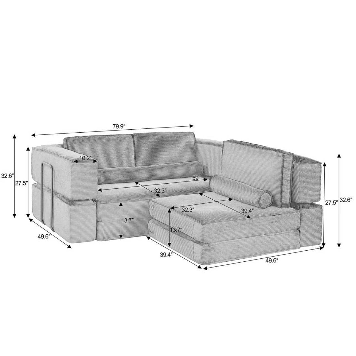 Large modern corduroy sectional sofa by HouseOfZazla, modular L-shape with chaise on Tampa Home & Garden Store