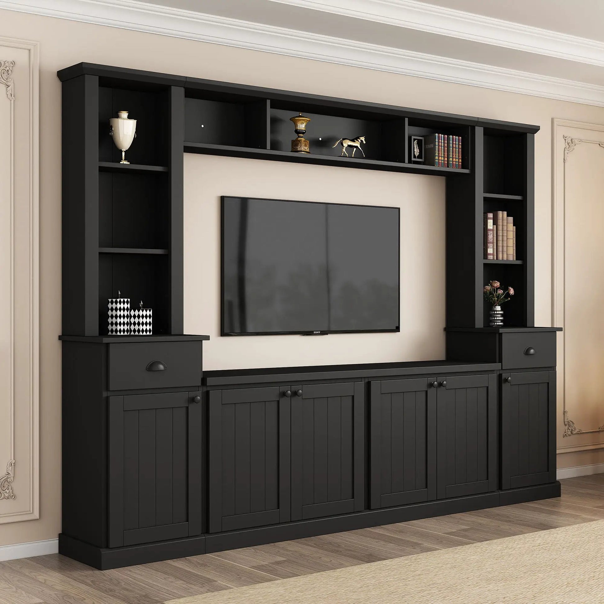 Unique Piece Furniture black minimalist entertainment wall unit with bridge for 75in TVs on Tampa Home & Garden Store