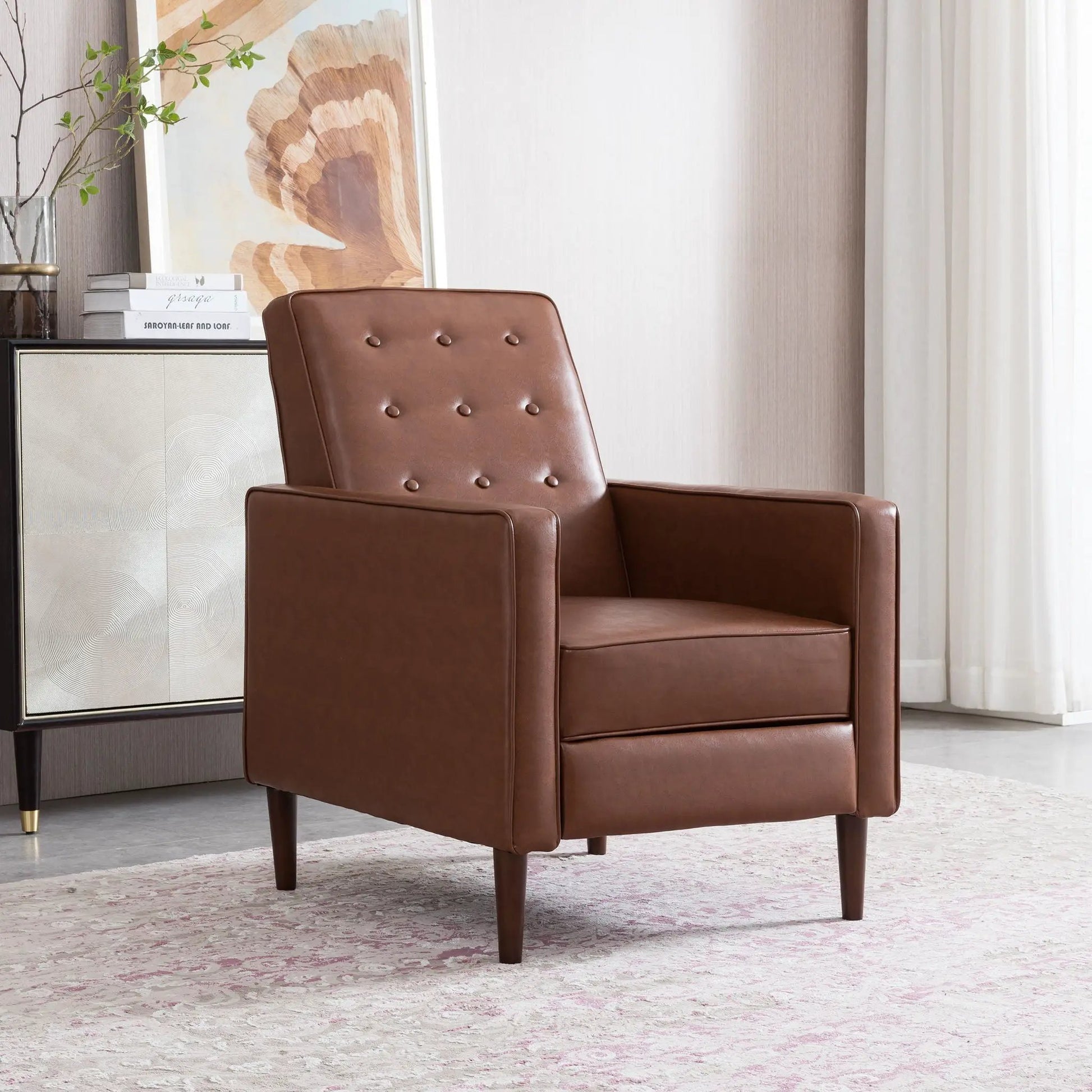 Mid-Century Modern Recliner with button tufting and waffle stitch, brown leather on Tampa Home & Garden Store