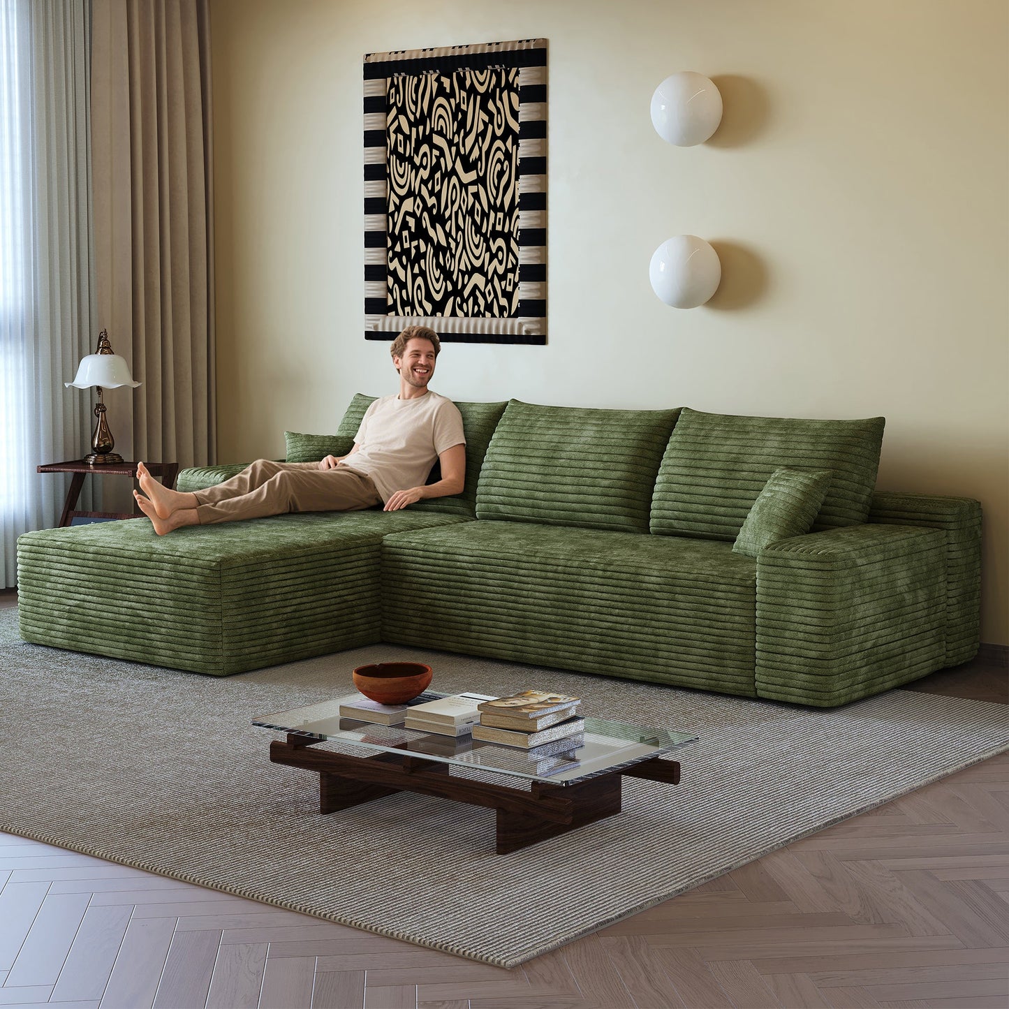 107-inch Cloud Sectional Couch with L-Shape Chaise in green tufted fabric by HouseOfZazla on Tampa Home & Garden Store
