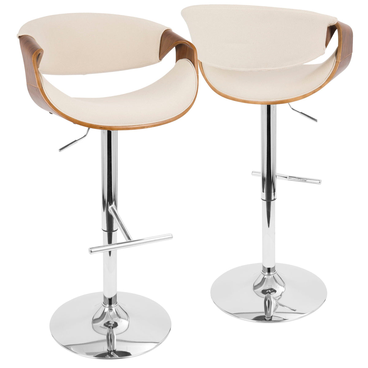 Mid Century Modern adjustable barstool pair with swivel beige fabric seat wood arms on Tampa Home & Garden Store