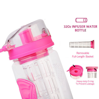 Fruit Infuser Water Bottle GemGear 32oz pink with clear body, flip-top lid and anti-slip grips on Tampa Home & Garden Store
