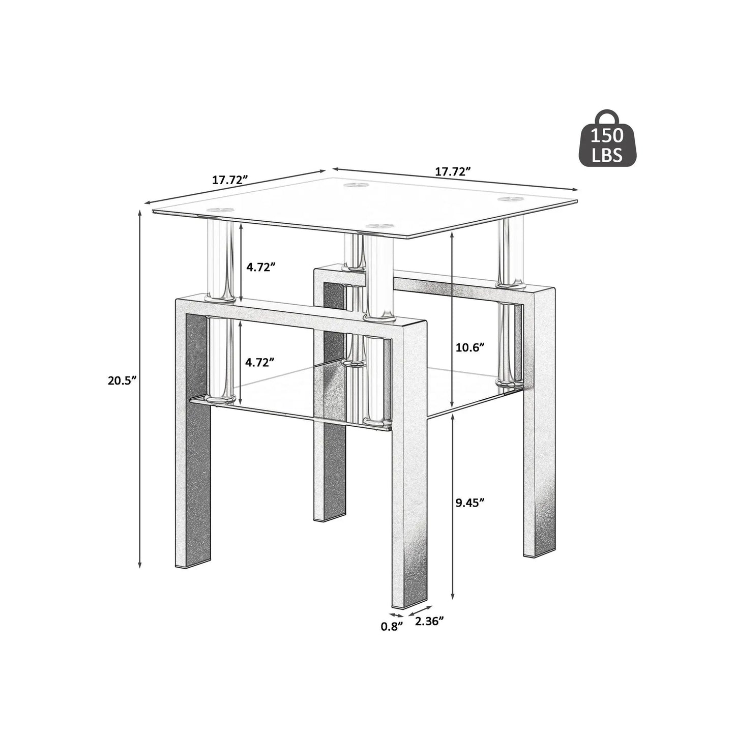 Tempered Glass Tea Table End Square Black
