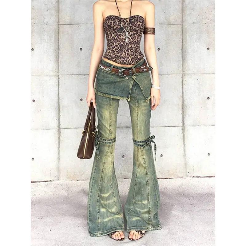Womens distressed lace-up vintage-style denim jeans FLIPSTYLEZLLC greenwashed flare legs on Tampa Home & Garden Store
