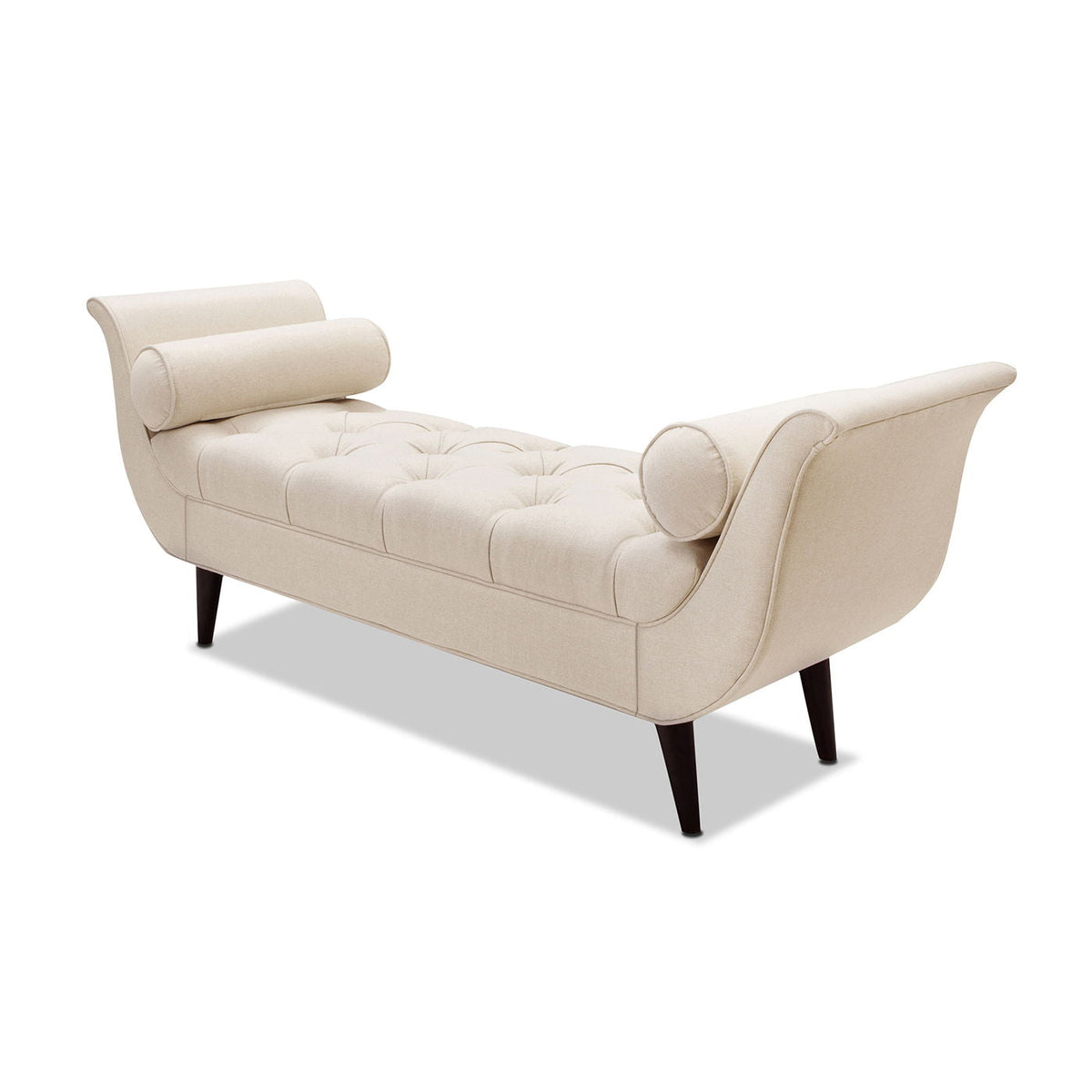 Tufted flared-arm entryway bench in beige upholstery with dark tapered legs and bolster cushions on Tampa Home & Garden Store
