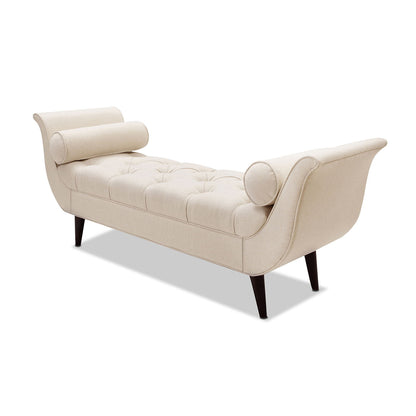 Tufted flared-arm entryway bench in beige upholstery with dark tapered legs and bolster cushions on Tampa Home & Garden Store
