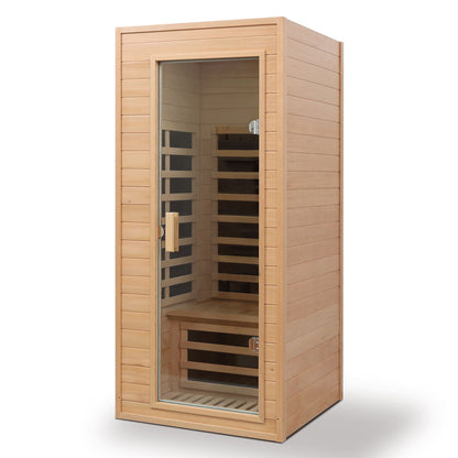 Hemlock far infrared indoor sauna room with LCD controls, light brown wood, glass door on Tampa Home & Garden Store