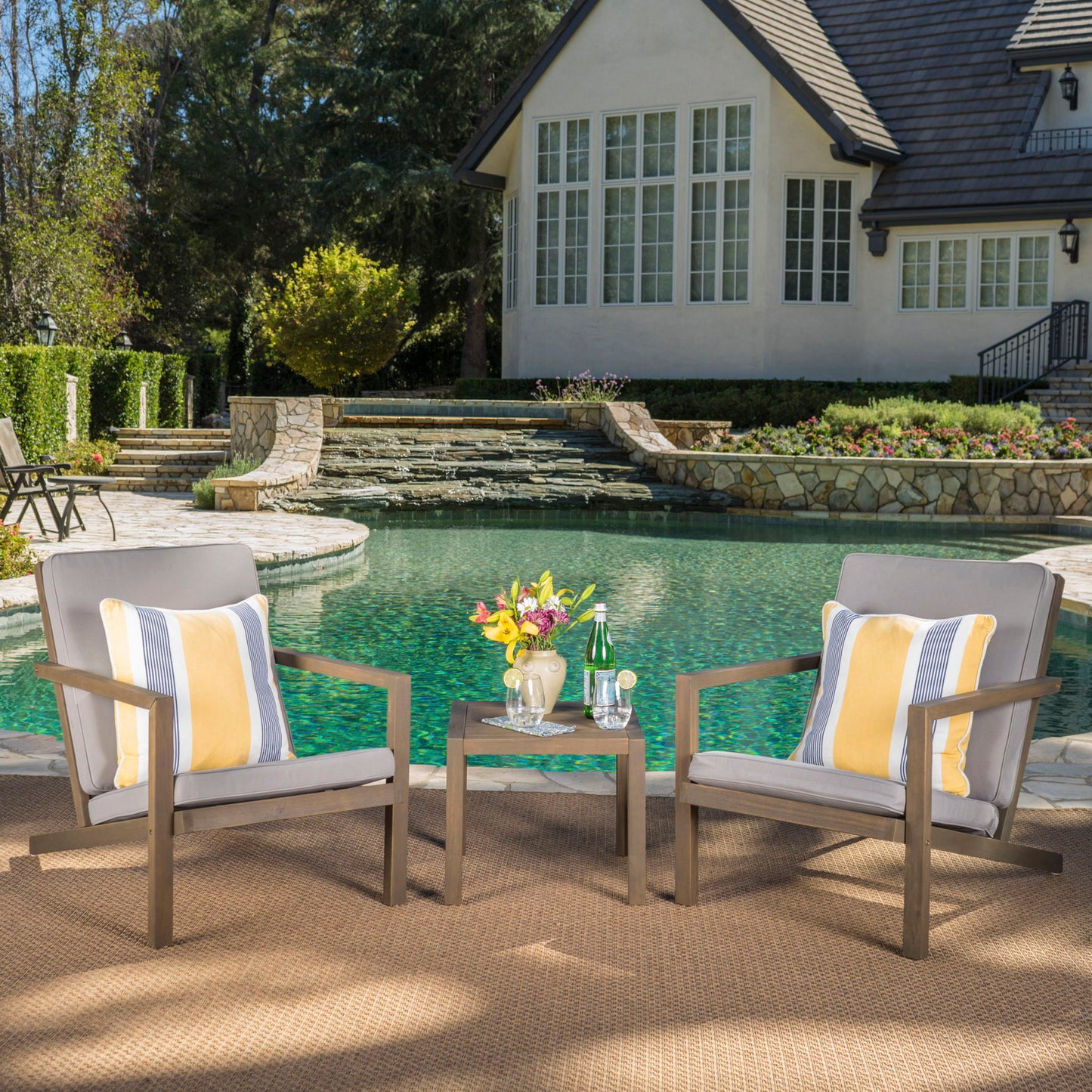 Celestaria 3-Piece Outdoor Chat Set with Adirondack Chairs and Side Table, yellow cushions on Tampa Home & Garden Store