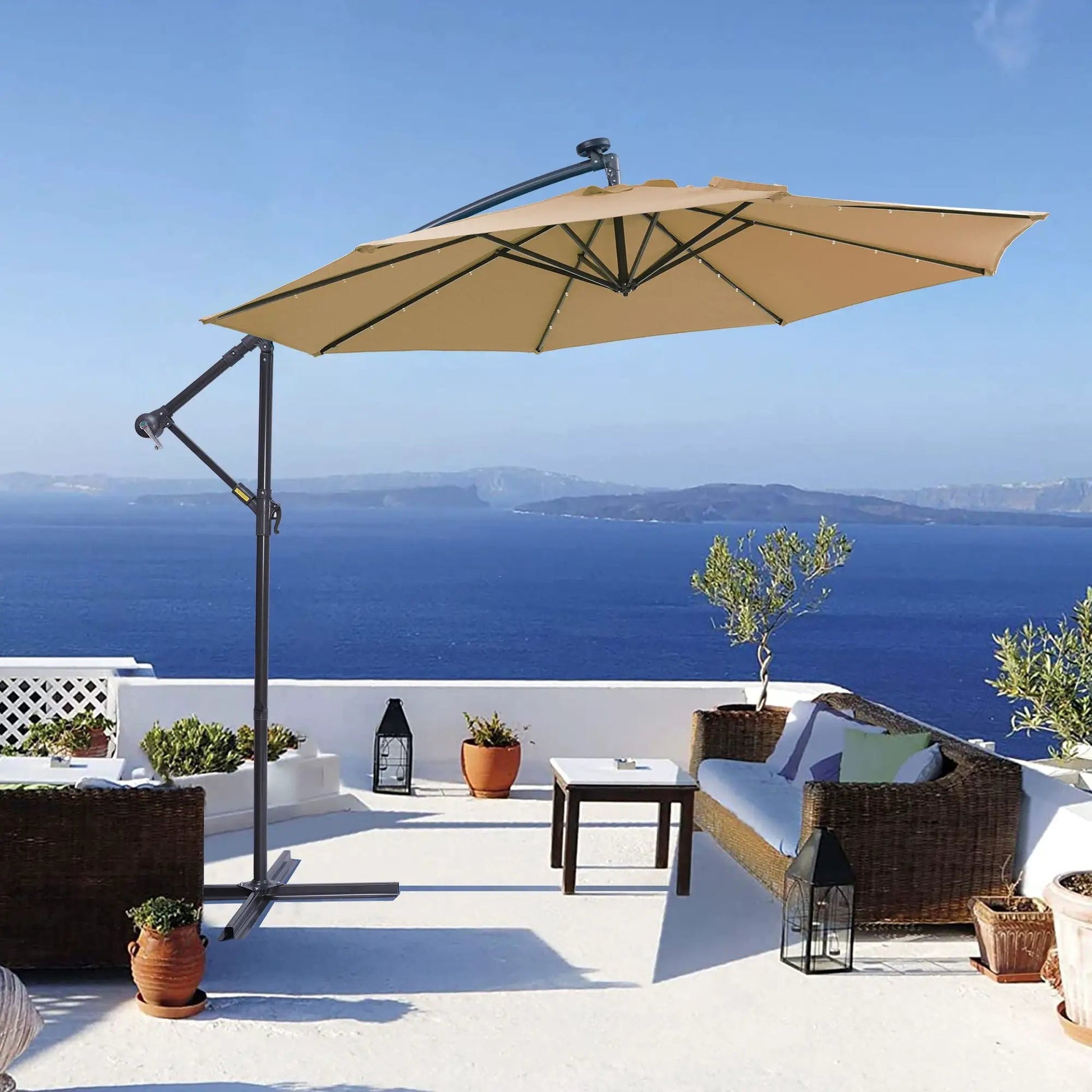 Outdoor cantilever umbrella taupe fabric, 10 ft, black metal frame, 32 LED lights, hanging design on Tampa Home & Garden Store