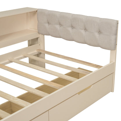 Upholstered storage bed with tufted headboard and built-in shelves and drawers in beige on Tampa Home & Garden Store