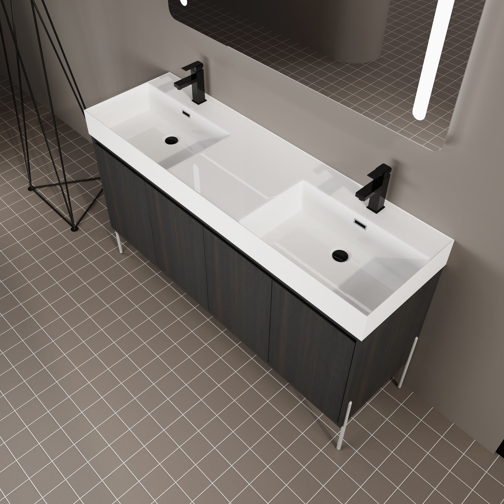 Freestanding bathroom vanity with white resin sink and dark wood storage cabinet on Tampa Home & Garden Store