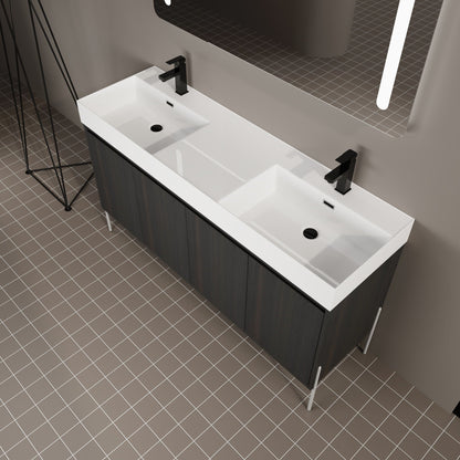 Freestanding bathroom vanity with white resin sink and dark wood storage cabinet on Tampa Home & Garden Store