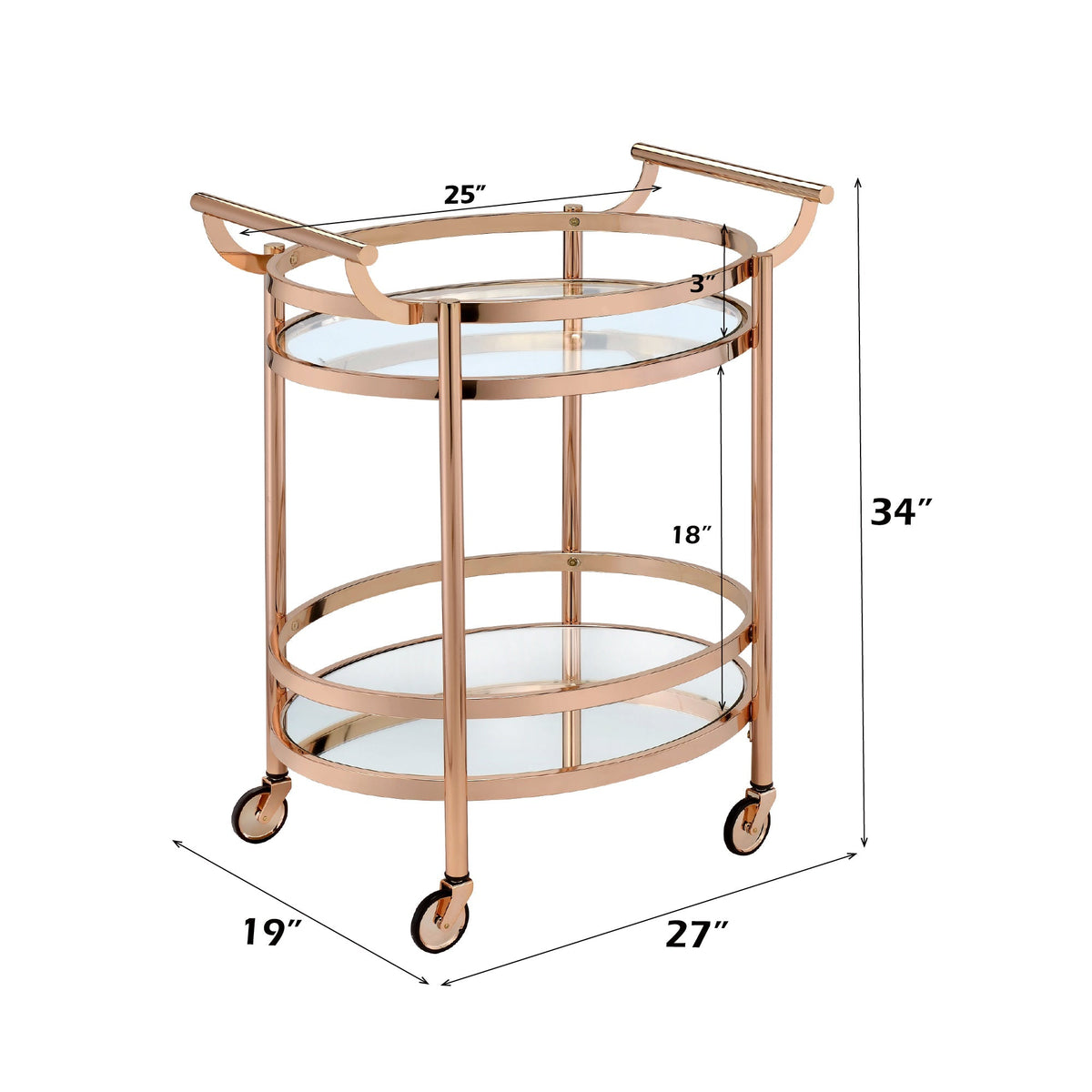 Lakelyn Clear Glass & Rose Gold Serving Cart by HouseOfZazla, shelves & rose gold frame on Tampa Home & Garden Store
