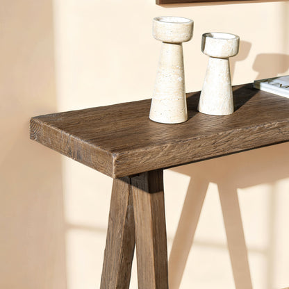 Hawthorne 60'' reclaimed Elm trestle console table on dark wood finish with two pedestals on Tampa Home & Garden Store