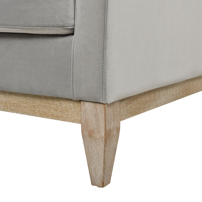 Modern Farmhouse Arm Chair gray fabric upholstery with natural wood tapered legs on Tampa Home & Garden Store