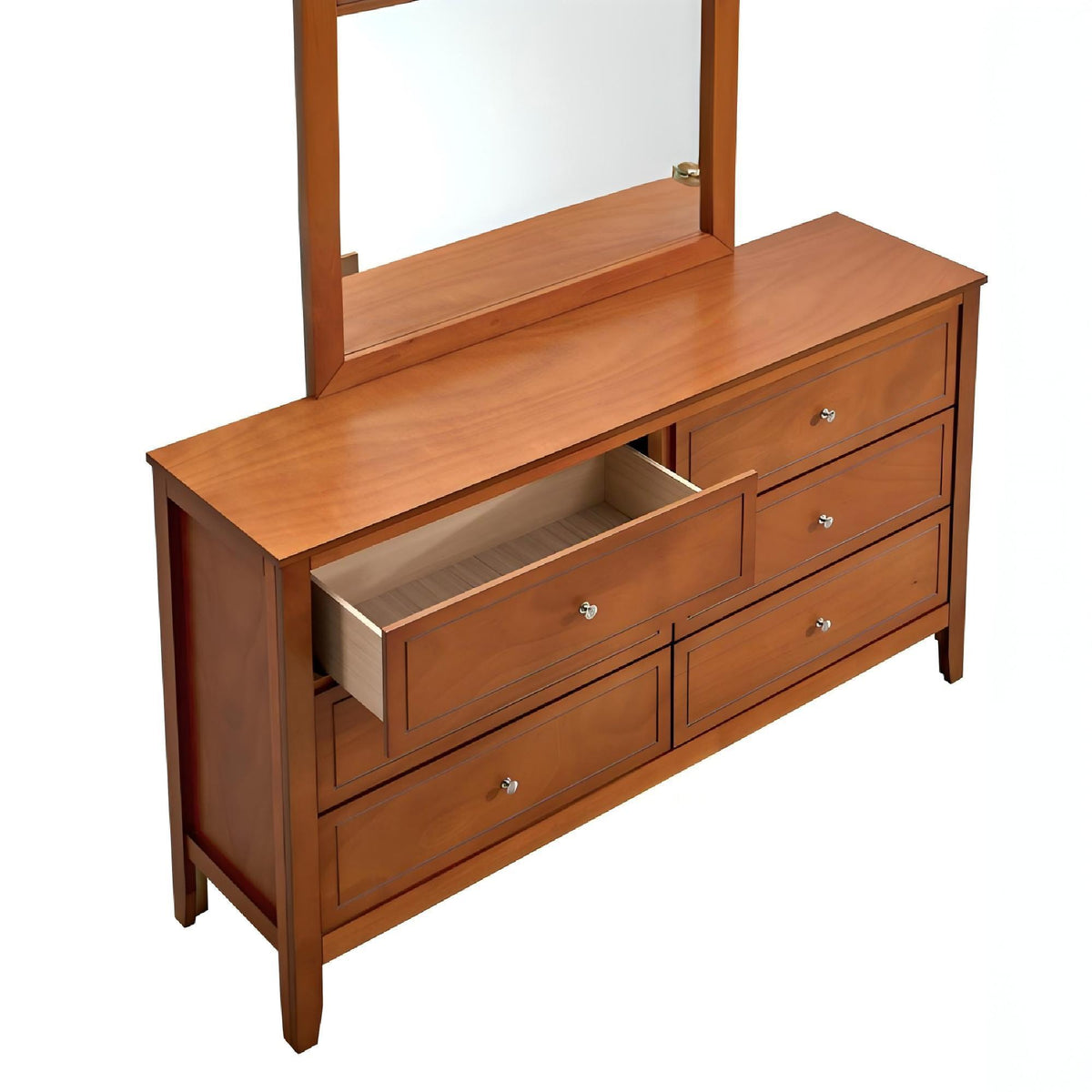 Spacious 6-drawer dresser with attached mirror in warm honey wood finish and metal hardware on Tampa Home & Garden Store