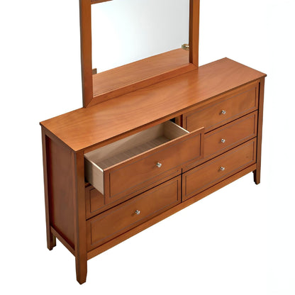 Spacious 6-drawer dresser with attached mirror in warm honey wood finish and metal hardware on Tampa Home & Garden Store