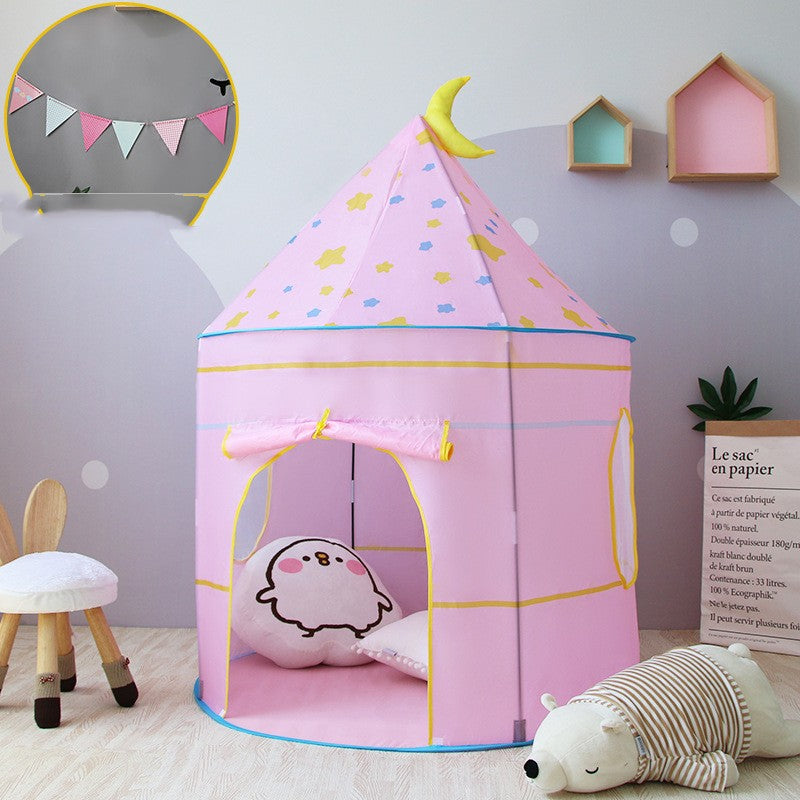 Pink princess play tent castle for kids with yellow trim and conical top indoor activity toy on Tampa Home & Garden Store