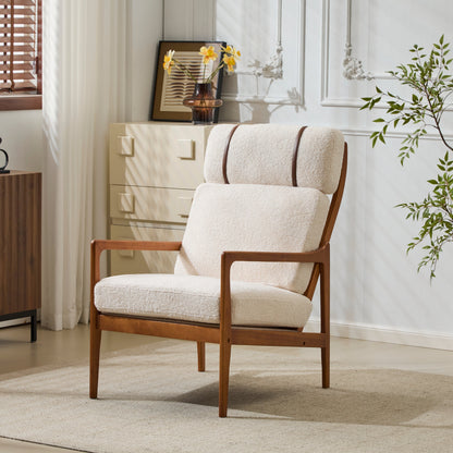 Mid Century Modern accent armchair in cream boucle with a teak wood frame on Tampa Home & Garden Store