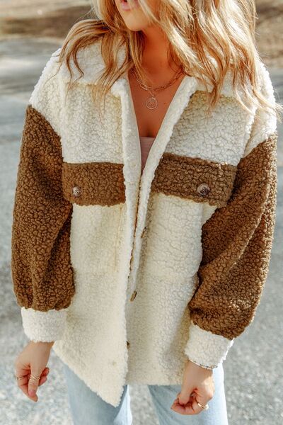 Stevvex women's sherpa jacket with button closure, cream and brown color-block design on Tampa Home & Garden Store