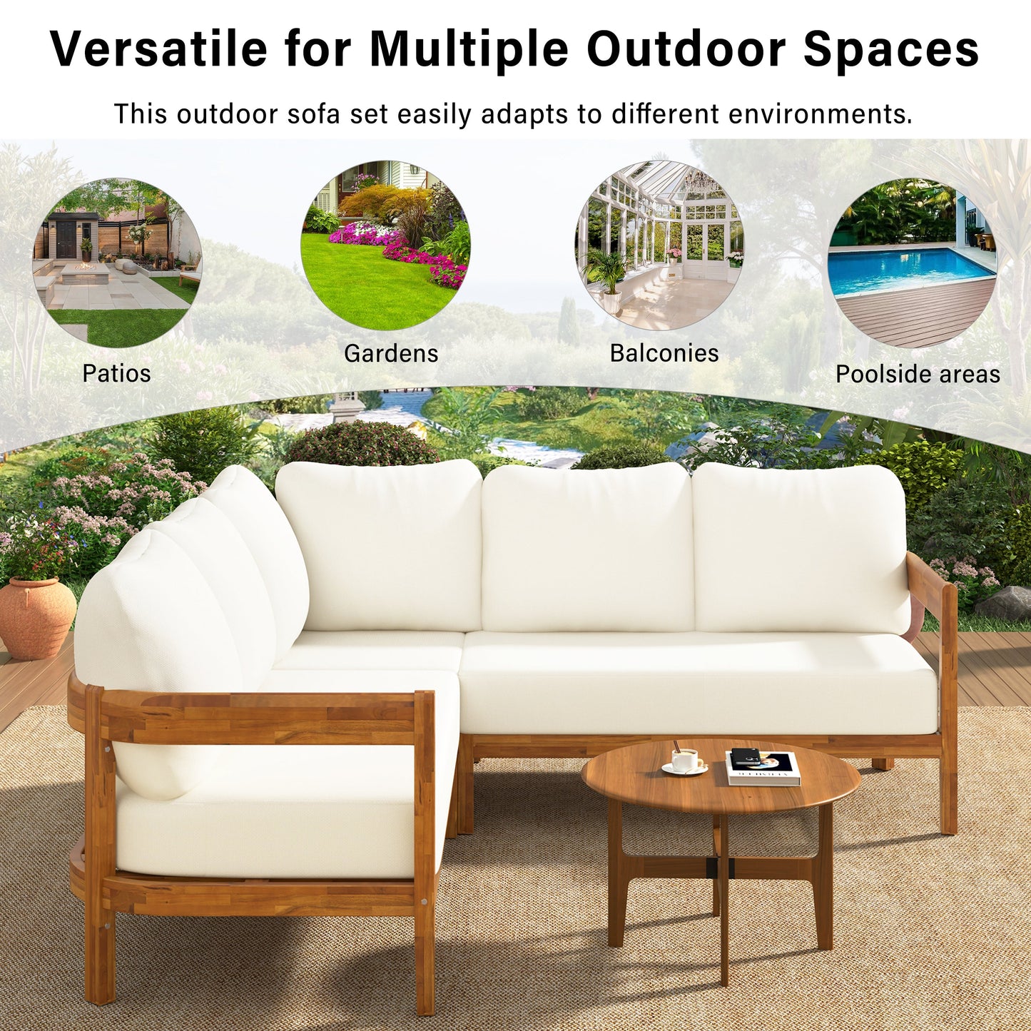 U_Style Acacia Solid Wood Patio Furniture Set 4-piece with white cushions by HouseOfZazla on Tampa Home & Garden Store