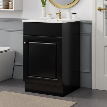 Bathroom Vanity with Sink and Adjustable Shelf black cabinet white countertop gold faucet on Tampa Home & Garden Store
