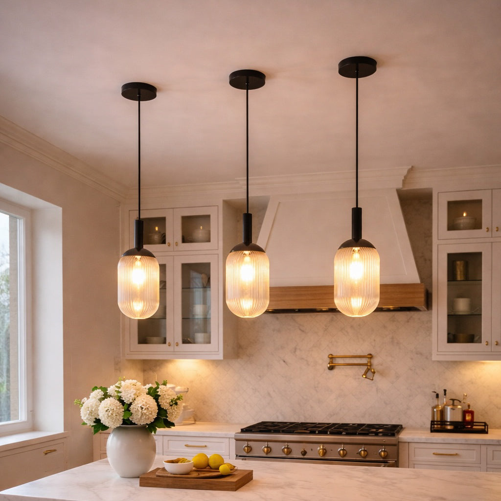 Giza Pendant Lamp trio with warm ribbed amber glass shades and black cords by HouseOfZazla on Tampa Home & Garden Store