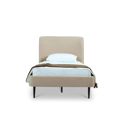 Heather upholstered bed curved beige headboard with beige fabric frame, black legs on Tampa Home & Garden Store