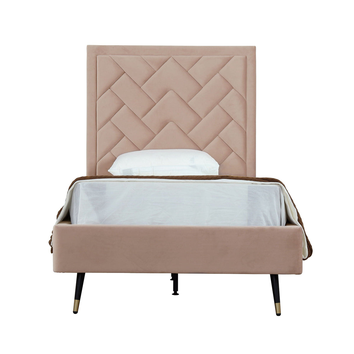 Crosby upholstered bed with diamond tufted headboard in dusty pink, slats, HouseOfZazla on Tampa Home & Garden Store