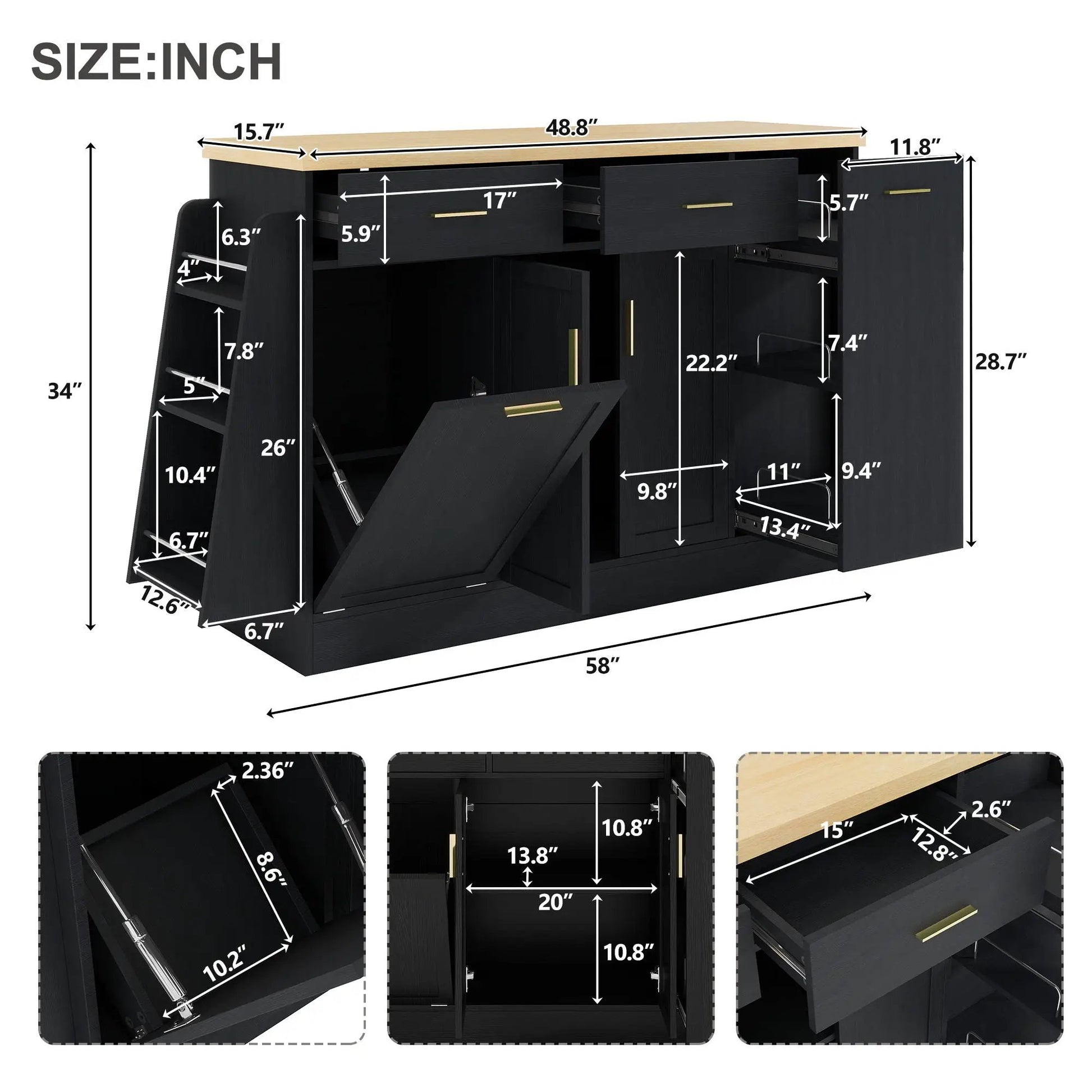 Kitchen sideboard with sliding door cabinet and 3-tier spice rack in black with wood top on Tampa Home & Garden Store