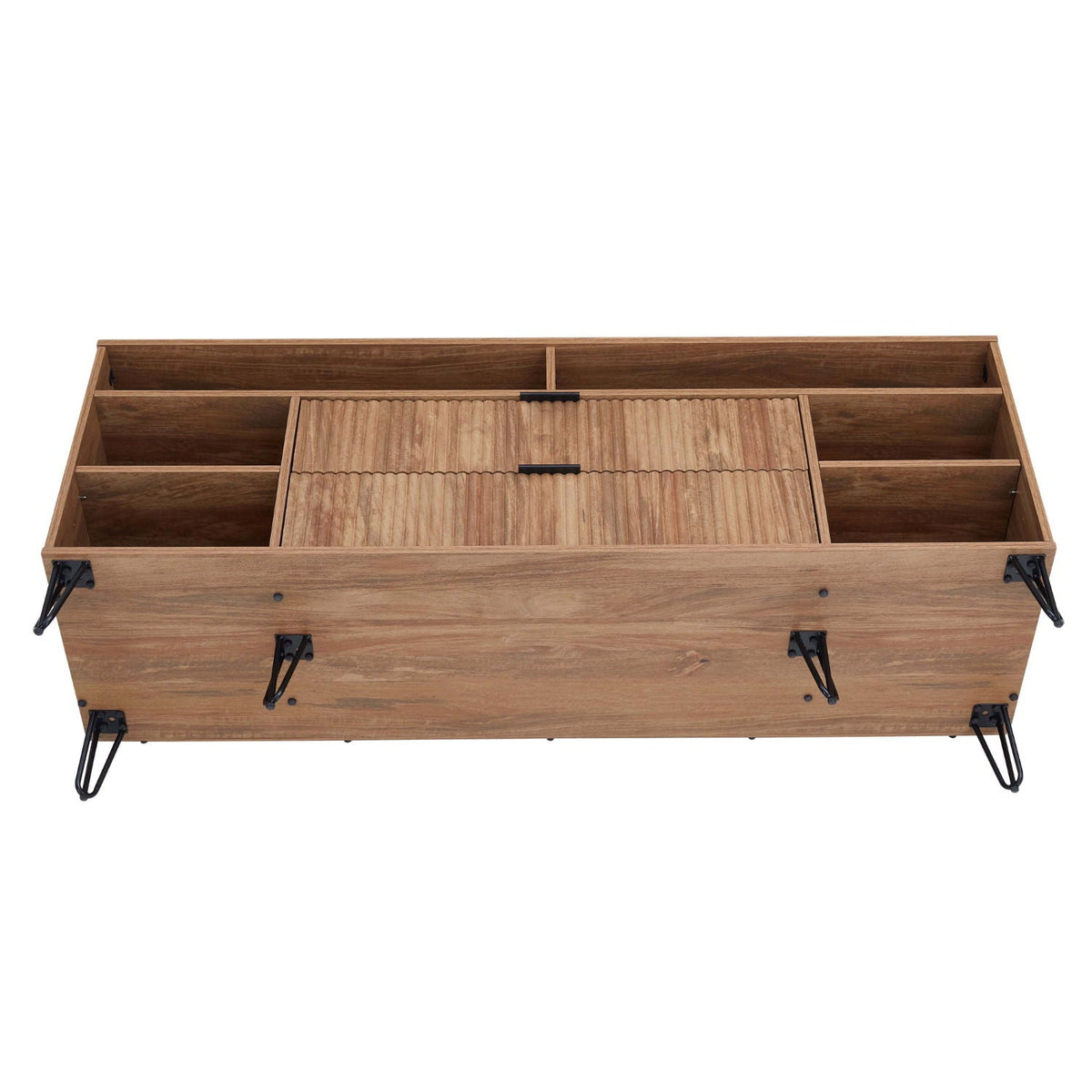 Fluted wood TV stand with storage and black metal legs in warm brown finish on Tampa Home & Garden Store