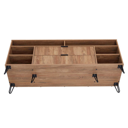 Fluted wood TV stand with storage and black metal legs in warm brown finish on Tampa Home & Garden Store