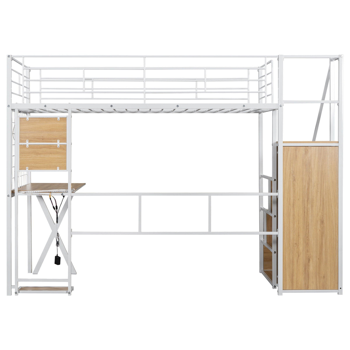 Loft bed frame in silver metal with built-in desk and wardrobe panels, storage staircase on Tampa Home & Garden Store