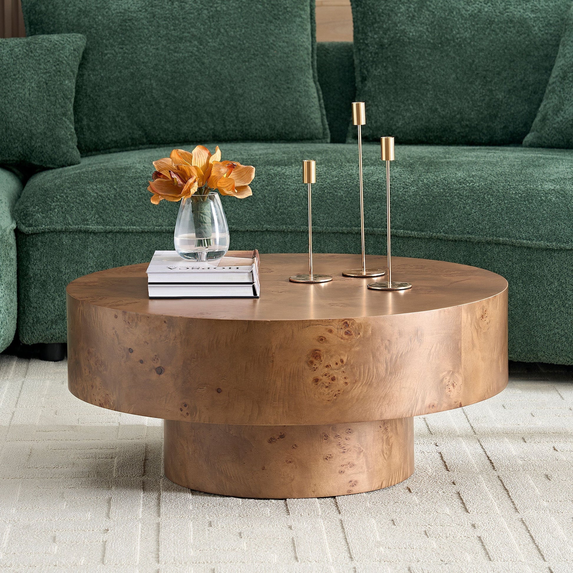 31.49-inch burl wood veneer round coffee table with copper-toned finish in living room setting on Tampa Home & Garden Store