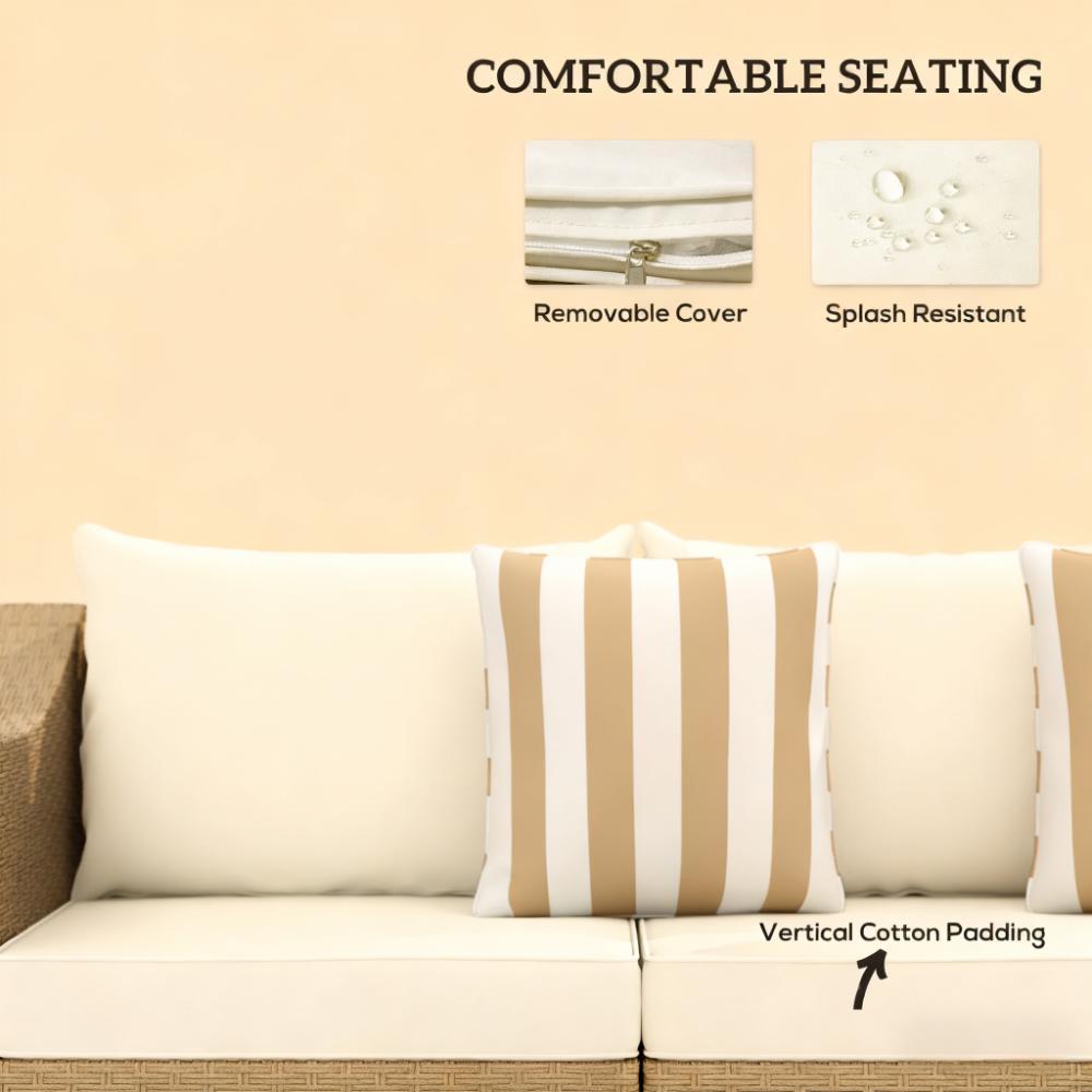 Outdoor rattan sofa set with beige cushions and striped throw pillow by HouseOfZazla on Tampa Home & Garden Store
