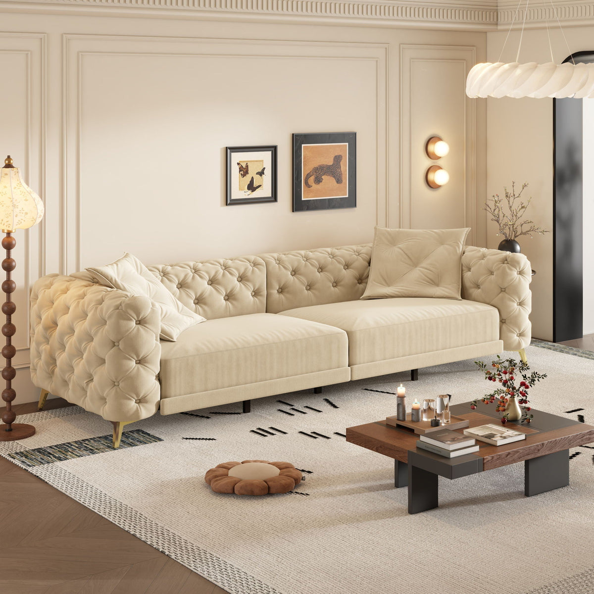 3 In 1 Convertible Sleeper Sofa apricot with button tufting and movable ottoman, 4-seat couch on Tampa Home & Garden Store
