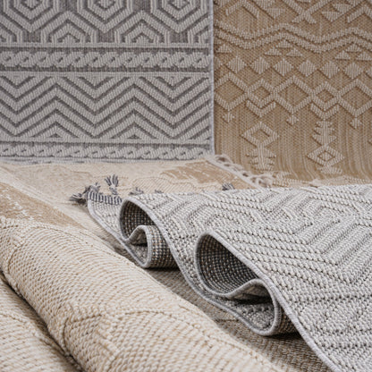 Guros Grey White 6.7x9 Stain Resistant Rug gray white woven chevron pattern with beige accents on Tampa Home & Garden Store