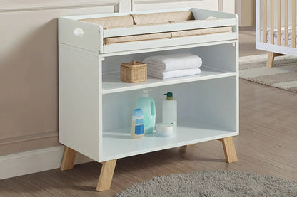 Livia changing table two-tone white and gray with beige quilted pad and wooden legs on Tampa Home & Garden Store