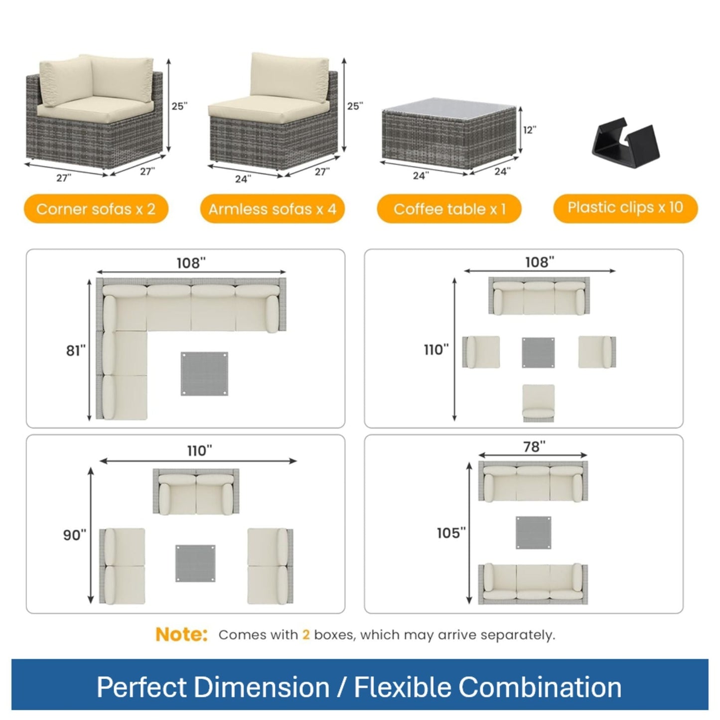 Modern Patio Set With Coffee Table wicker outdoor sectional beige cushions; 2 corner sofas, 4 armless sofas on Tampa Home & Garden Store