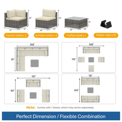Modern Patio Set With Coffee Table wicker outdoor sectional beige cushions; 2 corner sofas, 4 armless sofas on Tampa Home & Garden Store
